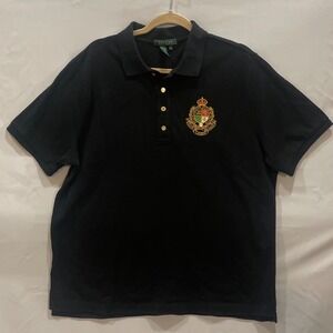 Lauren Ralph Lauren Black Polo Shirt Crest Logo Gold Button Women's